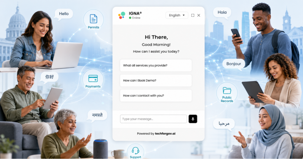 Residents accessing multilingual AI-powered municipal services through a website, chatbot, and voice assistant for inclusive digital government support.