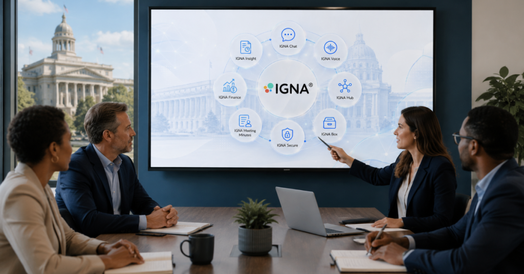 American local government professionals using AI-powered tools to improve public services with a U.S. government building in the background.